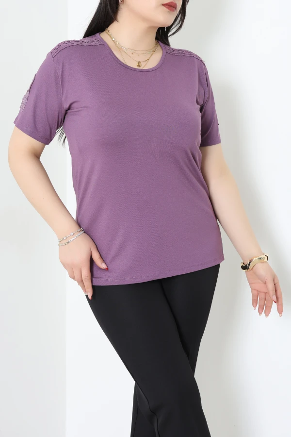 Dantel Detay Büyük Beden Viskon Bluz Lila - 71467.2080.