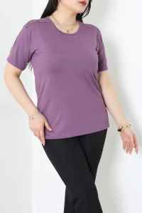 Dantel Detay Büyük Beden Viskon Bluz Lila - 71467.2080.