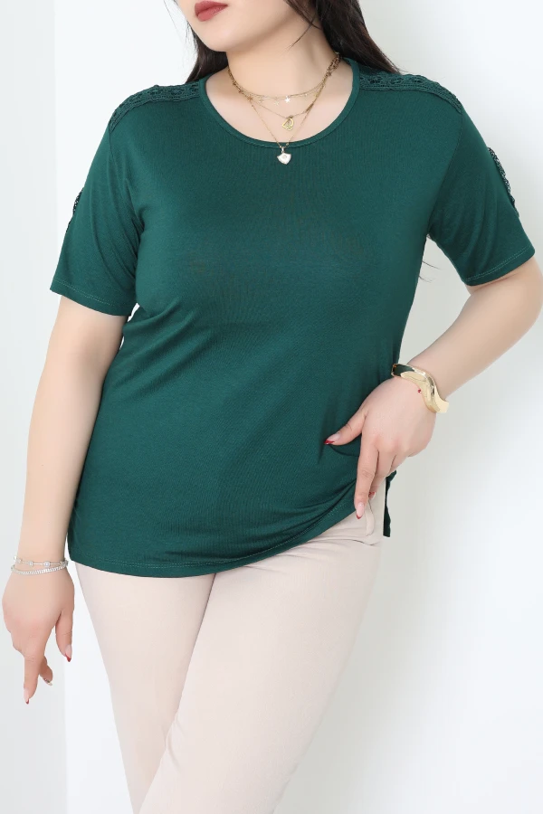 Dantel Detay Büyük Beden Viskon Bluz Zümrüt - 71467.2080.