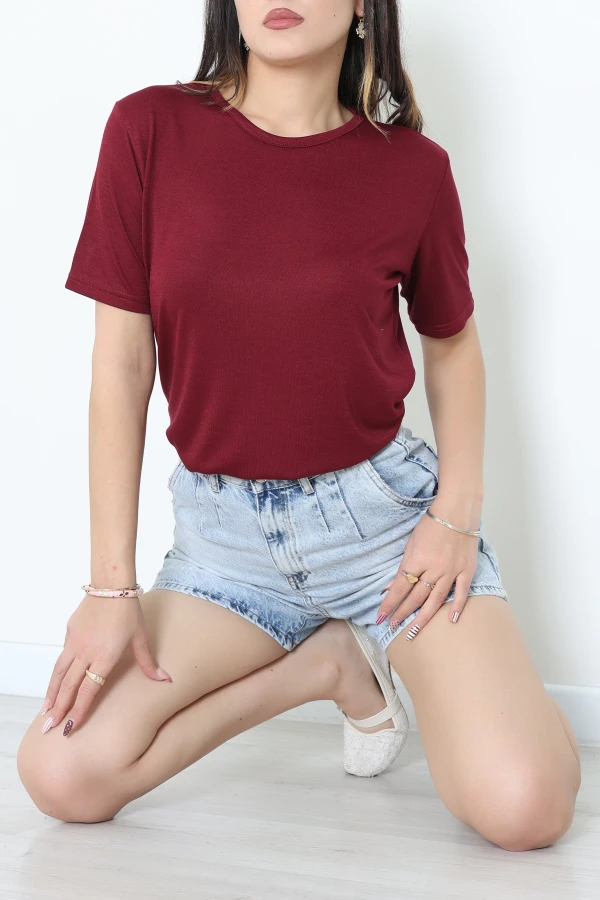 Bisiklet Yaka Kısa Kollu Viskon Bluz Bordo - 71488.599.
