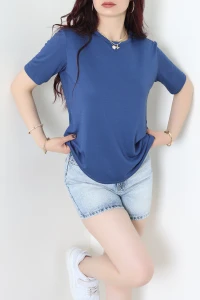 Bisiklet Yaka Kısa Kollu Viskon Bluz Mavi - 71488.599.