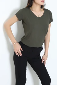 V Yaka Kısa Kollu Viskon Bluz Haki - 71489.599.