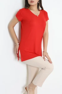 V Yaka Kısa Kollu Viskon Bluz Kırmızı - 71489.599.