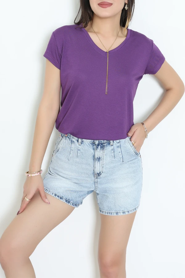 V Yaka Kısa Kollu Viskon Bluz Mor - 71489.599.