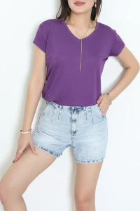 V Yaka Kısa Kollu Viskon Bluz Mor - 71489.599.