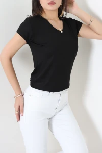 V Yaka Kısa Kollu Viskon Bluz Siyah - 71489.599.