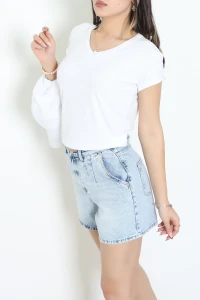 V Yaka Kısa Kollu Viskon Bluz Beyaz - 71489.599.