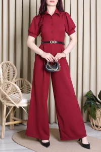 Dabıl Pileli Gömlek Yaka Tulum Bordo - 4567.134.