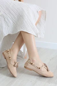 Boncuk Detaylı Püsküllü Loafer Babet Ten - 196.1846.