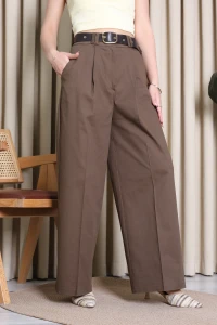 Kemerli Pamuk Gabardin Wide Leg Pantolon Kahve - 32428.1397.