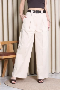 Kemerli Pamuk Gabardin Wide Leg Pantolon Krem - 32428.1397.