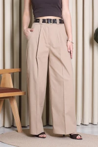 Kemerli Pamuk Gabardin Wide Leg Pantolon Camel - 32428.1397.