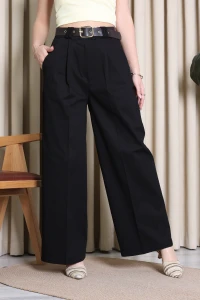 Kemerli Pamuk Gabardin Wide Leg Pantolon Siyah - 32428.1397.