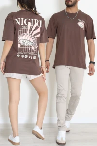 Baskılı Ünisex Kompakt Penye Tişört Kahve - 55149.1872.