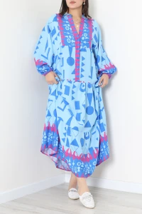 Önü Düğmeli Desenli Elbise Mavipembe - 41825.1247.