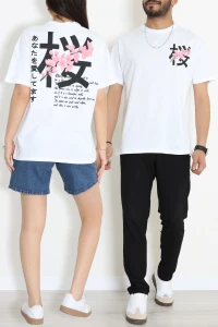 Baskılı Ünisex Kompakt Penye Tişört Beyazçiçekli - 55149.1872.