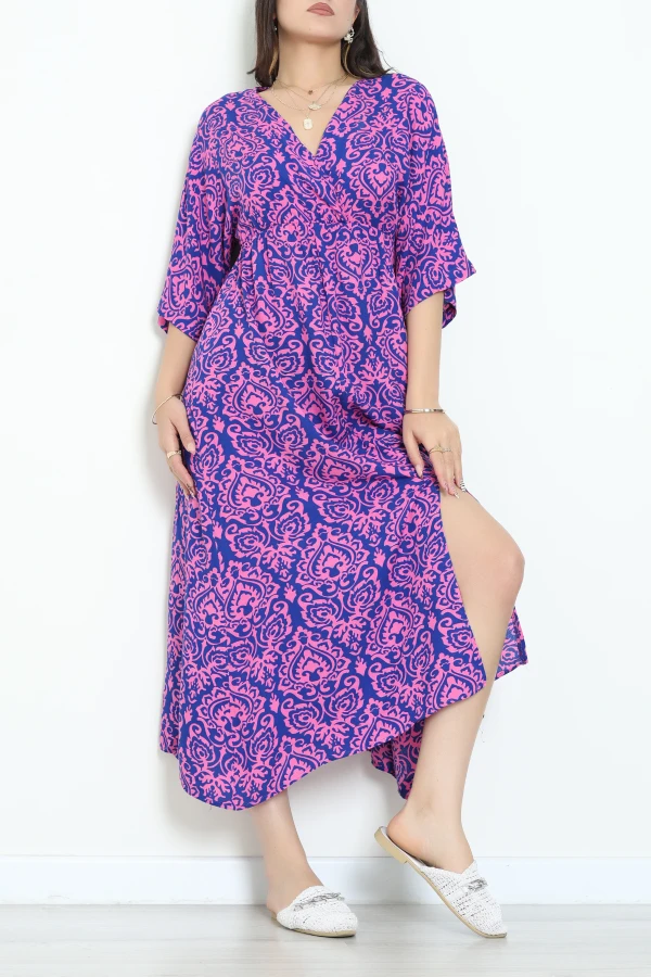 Kruvaze Yaka Desenli Elbise Pembesaks - 707.1247.