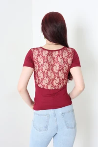 Sırt Transparan Dantel Detaylı İpeksi Viskon Bluz Bordo - 71092.1567.