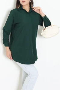 Teri Koton Gizli Düğmeli Kadın Gömlek Tunik Zümrüt - 90112.1949.