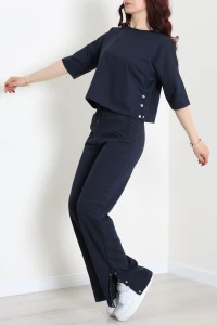 İki İplik Çıtçıt Detaylı Eşofman Takımı Lacivert - 43964.1857.