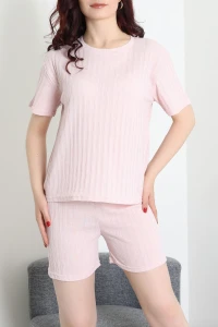 Fitilli Kumaş Şortlu Pijama Takımı Pembe - 52301.1567.