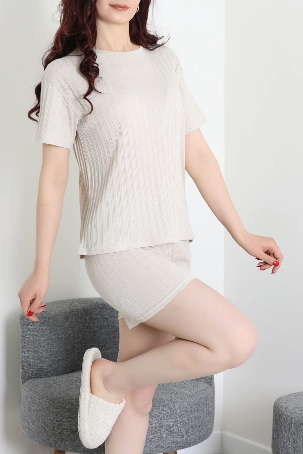 Fitilli Kumaş Şortlu Pijama Takımı Bej - 52301.1567.