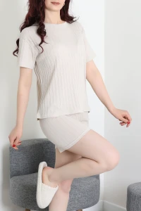 Fitilli Kumaş Şortlu Pijama Takımı Bej - 52301.1567.