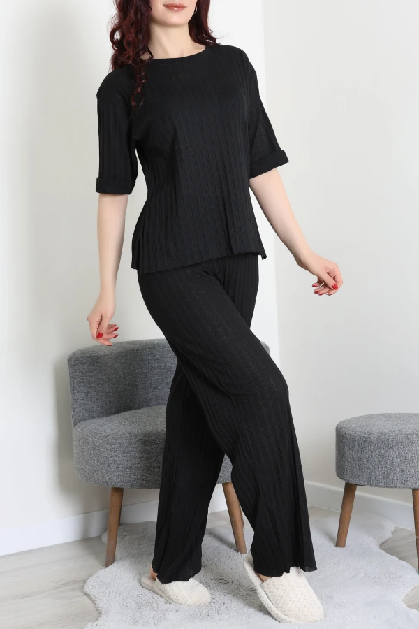 Fitilli Kumaş Pijama Takımı Siyah - 52302.1567.