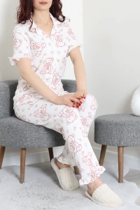 Bürümcük Fırfırlı Pijama Takımı Beyazdesenli - 52316.1048.
