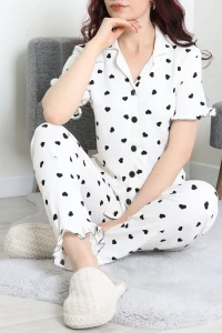 Bürümcük Fırfırlı Pijama Takımı Beyazsiyah - 52316.1048.