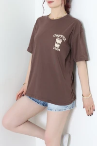Baskılı Ünisex Kompakt Penye Tişört Kahverengi - 55149.1872.