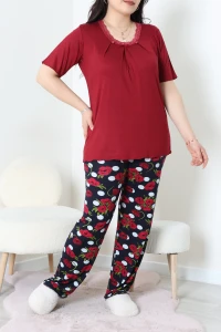 Büyük Beden Dantelli Pijama Takımı Bordoçiçekli - 71500.1773.