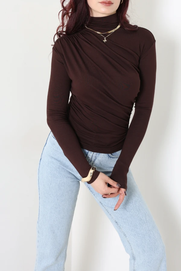 Yan Büzgülü Bluz Kahverengi - 4149.1247.