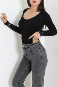 V Yaka Çıtçıtlı Bluz Siyah - 4155.1247.