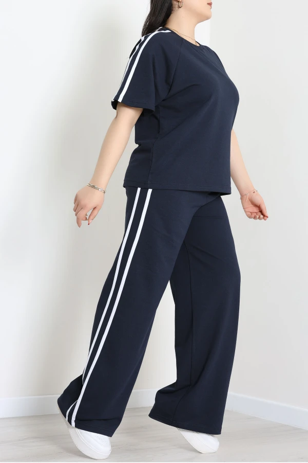 2 İplik Şeritli Büyük Beden Eşofman Takımı  Lacivert - 52260.1857.