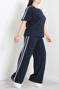 2 İplik Şeritli Büyük Beden Eşofman Takımı  Lacivert - 52260.1857.