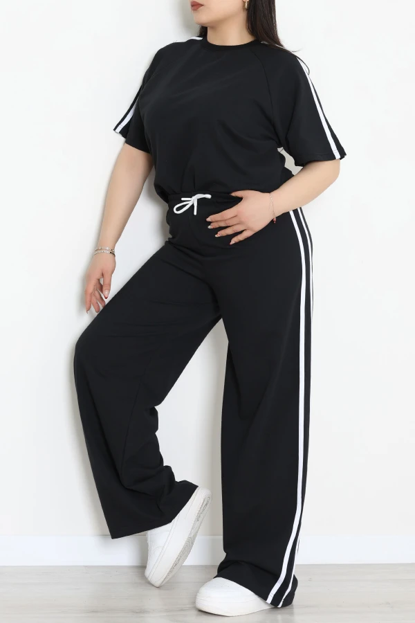 2 İplik Şeritli Büyük Beden Eşofman Takımı  Siyah - 52260.1857.