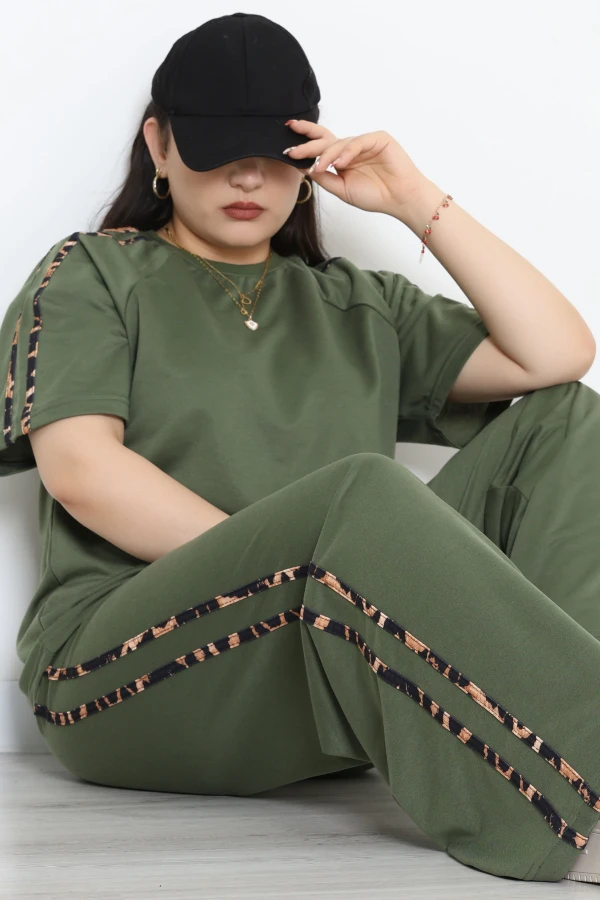 2 İplik Şeritli Büyük Beden Eşofman Takımı  Haki - 52261.1857.