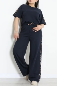 2 İplik Şeritli Büyük Beden Eşofman Takımı  Lacivert - 52261.1857.