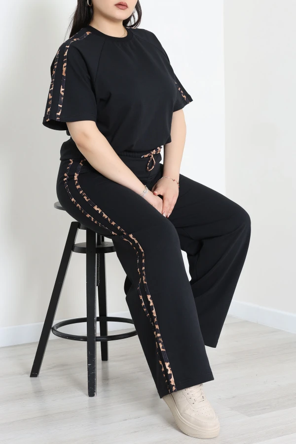 2 İplik Şeritli Büyük Beden Eşofman Takımı  Siyah - 52261.1857.