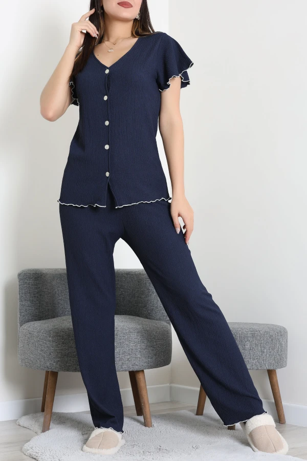 V Yaka Bürümcük Pijama Takımı Lacivert - 52340.2159.