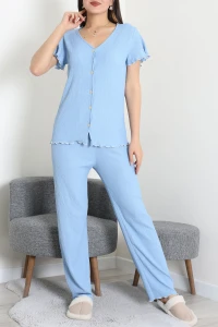 V Yaka Bürümcük Pijama Takımı Mavi - 52340.2159.