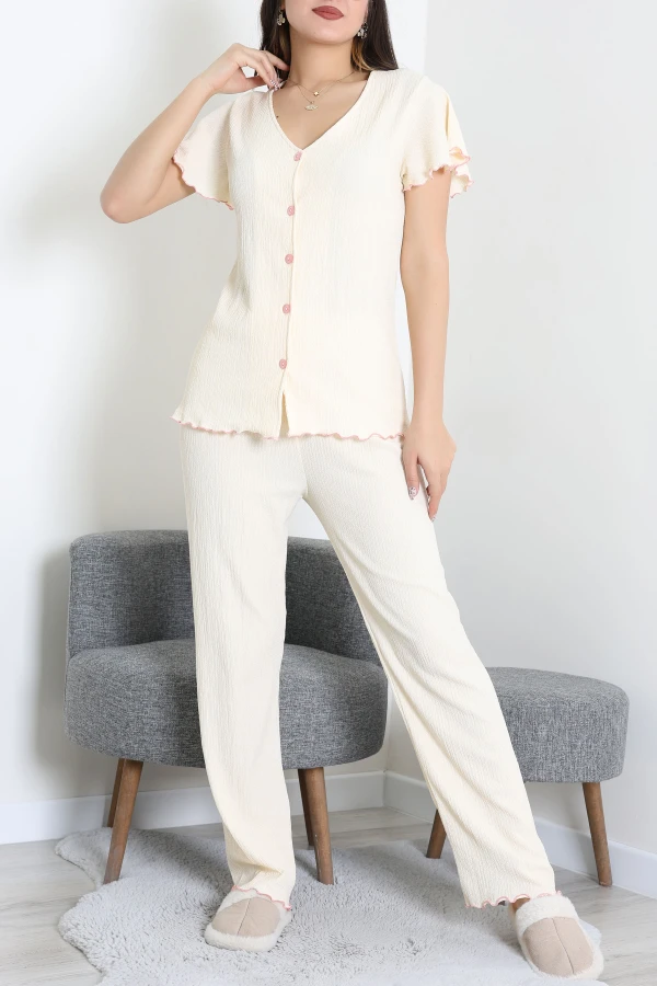 V Yaka Bürümcük Pijama Takımı Bej - 52340.2159.