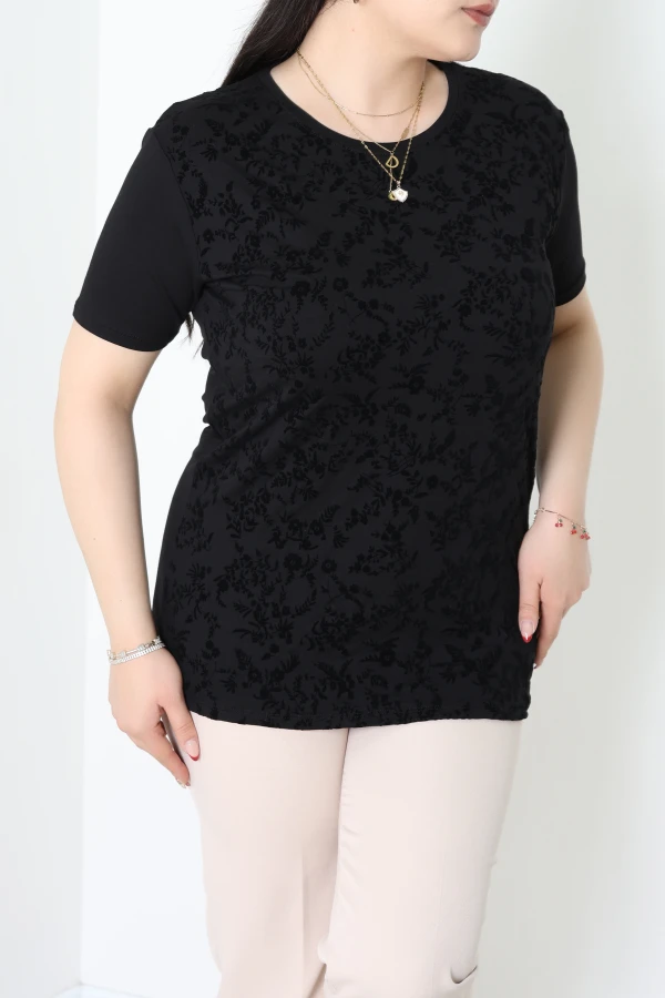 Flok Baskılı Kısa Kol Viskon Bluz Siyah - 71476.1990.