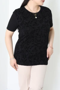 Flok Baskılı Kısa Kol Viskon Bluz Siyah - 71476.1990.