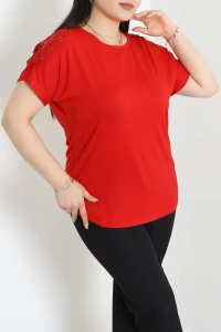 Omuz Dantel Detaylı Büyük Beden Viskon Bluz Kırmızı - 71479.1990.