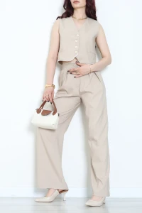 Crop Yelek Pantolon Takım Bej - 7565.1437.