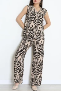 Viskon V Yaka Desenli Takım Bej - 55183.701.