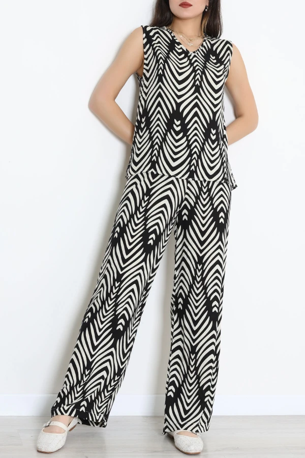 Viskon V Yaka Desenli Takım Siyah - 55183.701.