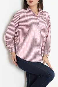 Oversize Çizgili Gömlek Bordo - 7559.1437.